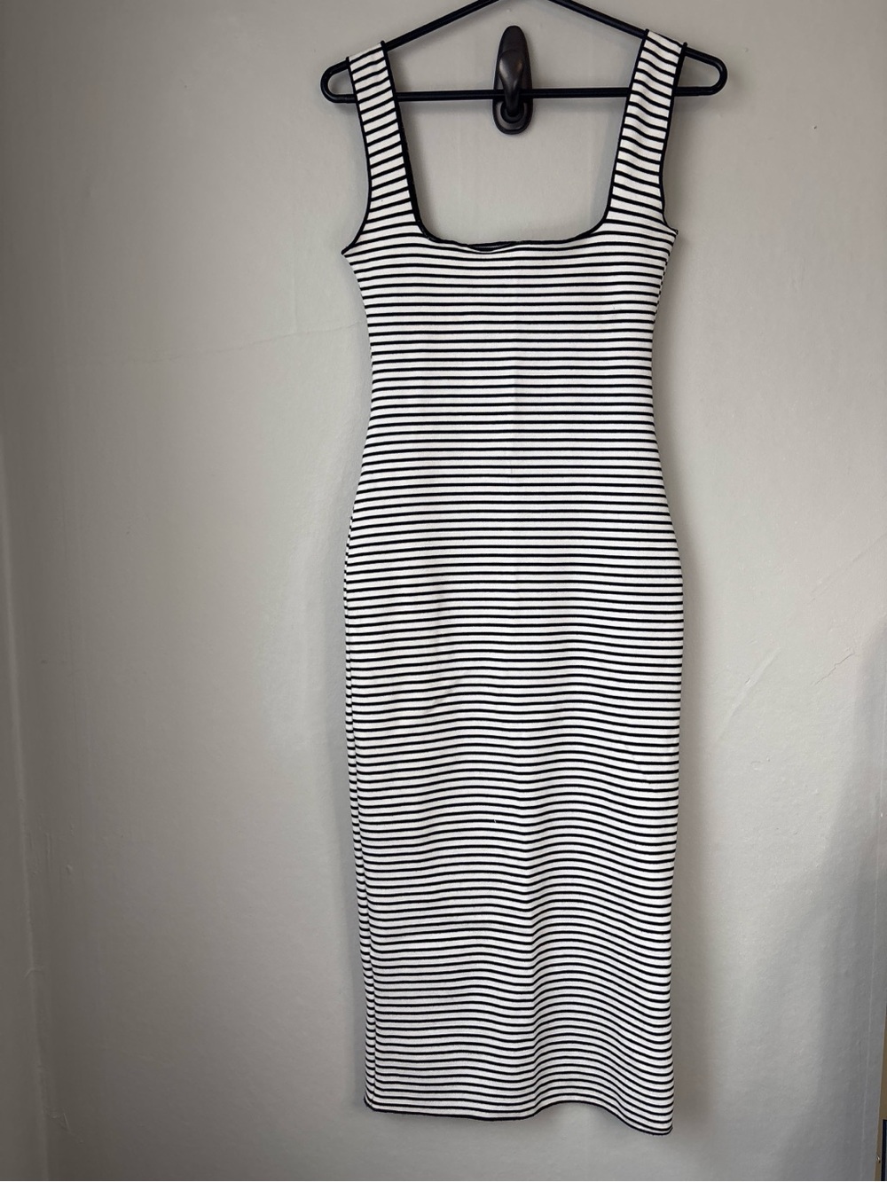Zara White and Black Striped Square-Neck Midi Dress